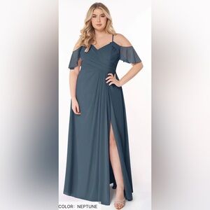Azazie Dakota Dress 24 a24 Neptune Blue Full Length Flutter Bridesmaid Wedding